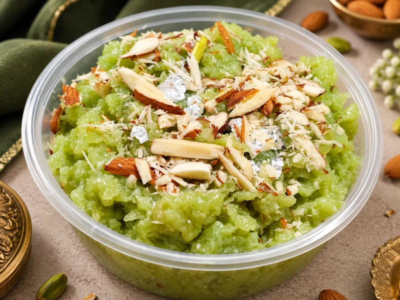 Traditional Bottle Gourd Halwa (Lauki Halwa) topped with almonds and pistachios