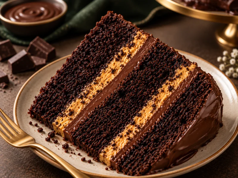 London viral chocolate cake with moist chocolate layers, chocolate cream and golden cookie filling