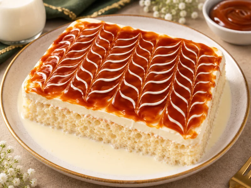 Three milk cake with creamy topping and glossy caramel swirl decoration