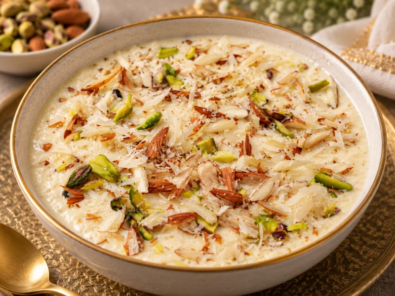 Creamy Indian kheer rice pudding topped with almonds and pistachios