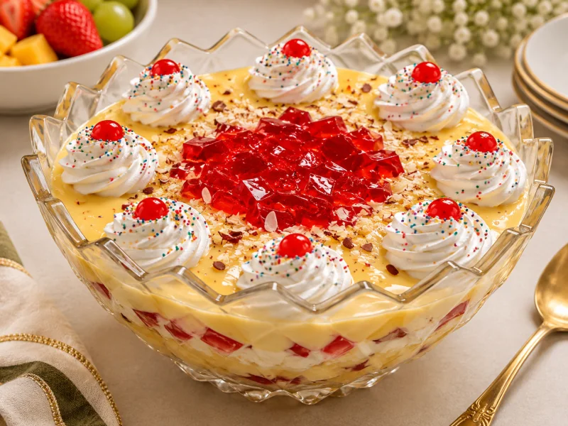 Fruit trifle with creamy custard, red jelly, whipped cream, cherries and colorful sprinkles
