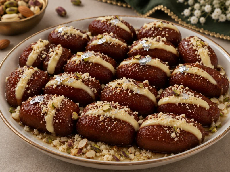 Mawa gulab jamun with creamy mawa drizzle, pistachios, almonds and edible silver leaf