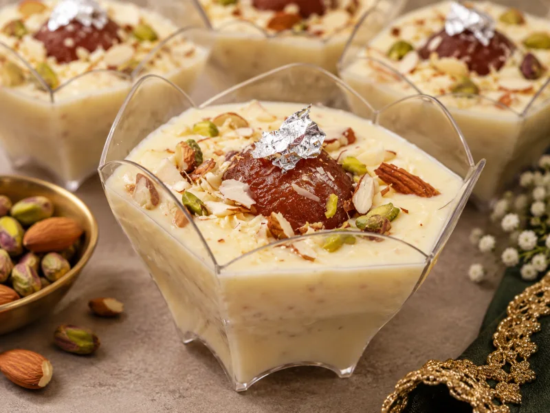 Rabri gulab jamun served in a dessert cup with almonds, pistachios and edible silver leaf