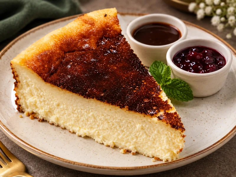 Burnt Basque cheesecake slice with creamy center and deeply caramelized top