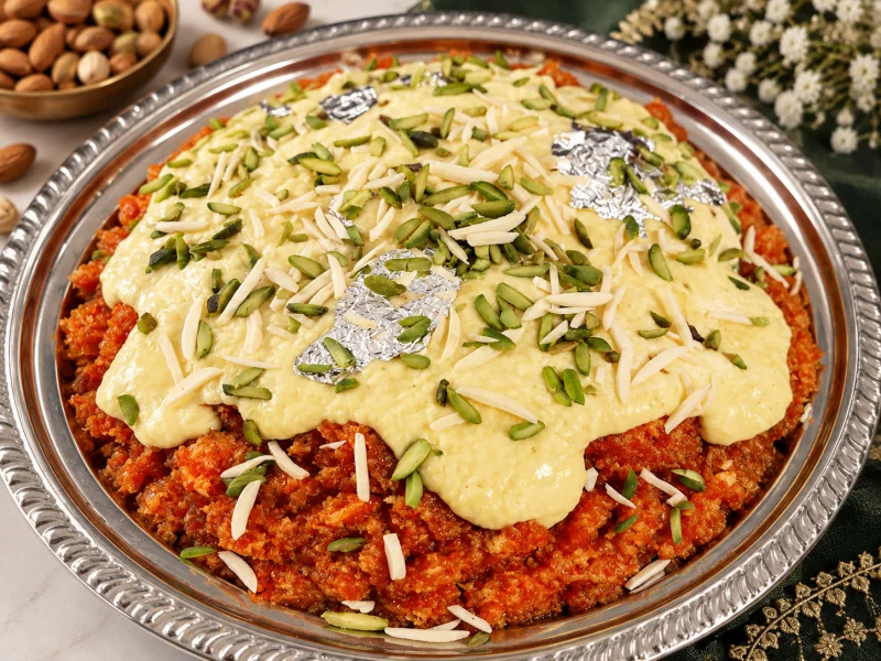 Carrot halwa (gajar halwa) topped with creamy khoya, almonds, pistachios and edible silver leaf