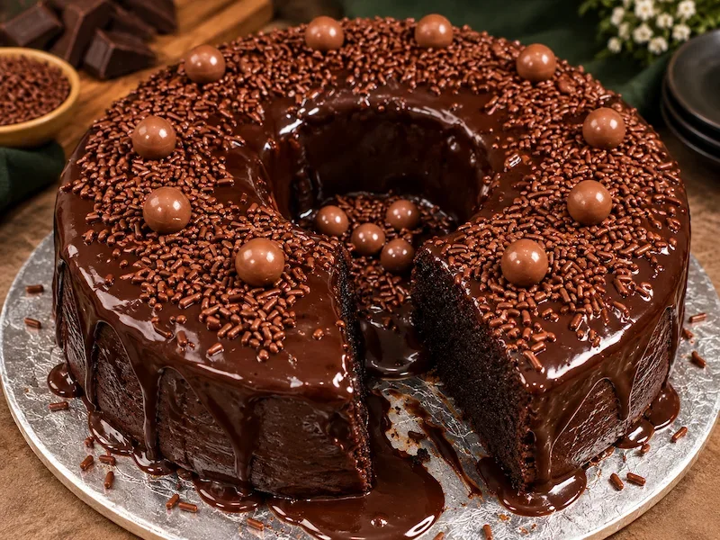 Chocolate cake with glossy chocolate ganache, chocolate sprinkles and chocolate pearls