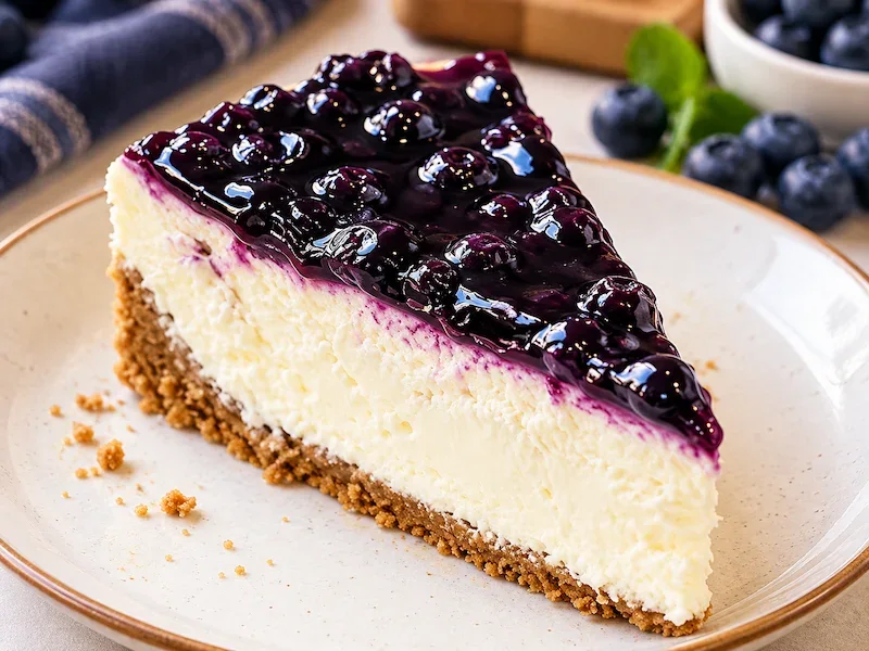 Blueberry cheesecake slice with creamy filling, biscuit crust and glossy blueberry topping