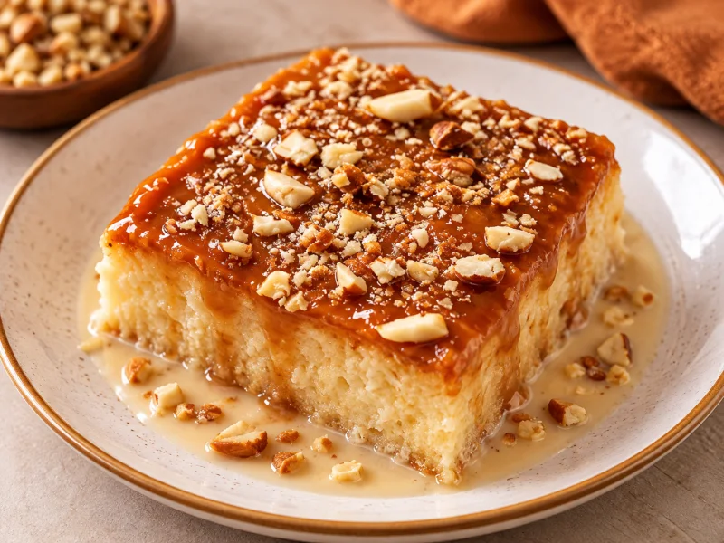 Caramel cake topped with glossy caramel sauce and chopped roasted nuts