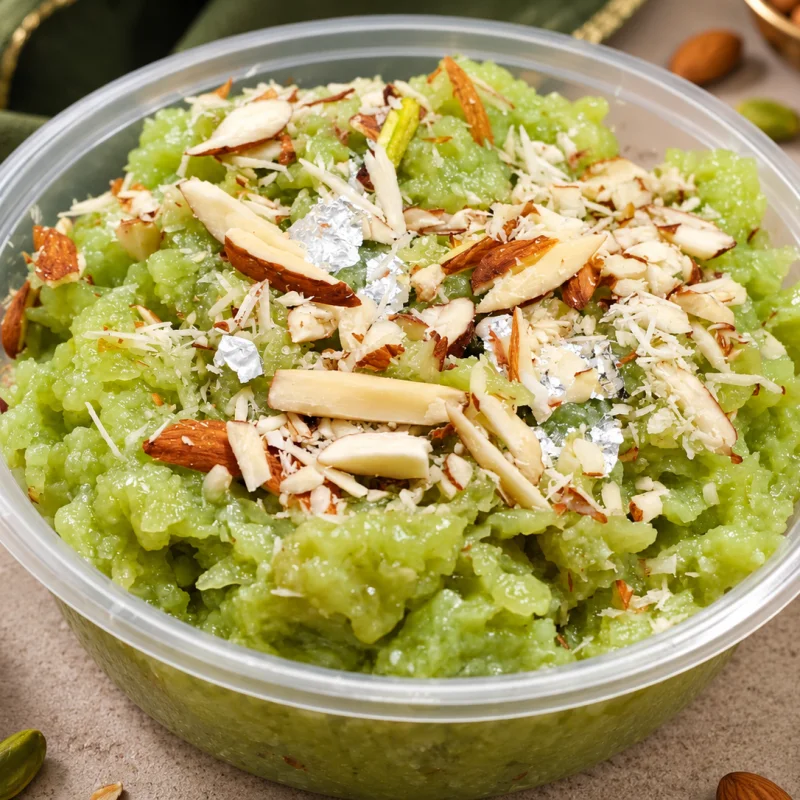 Traditional Bottle Gourd Halwa (Lauki Halwa) topped with almonds and pistachios