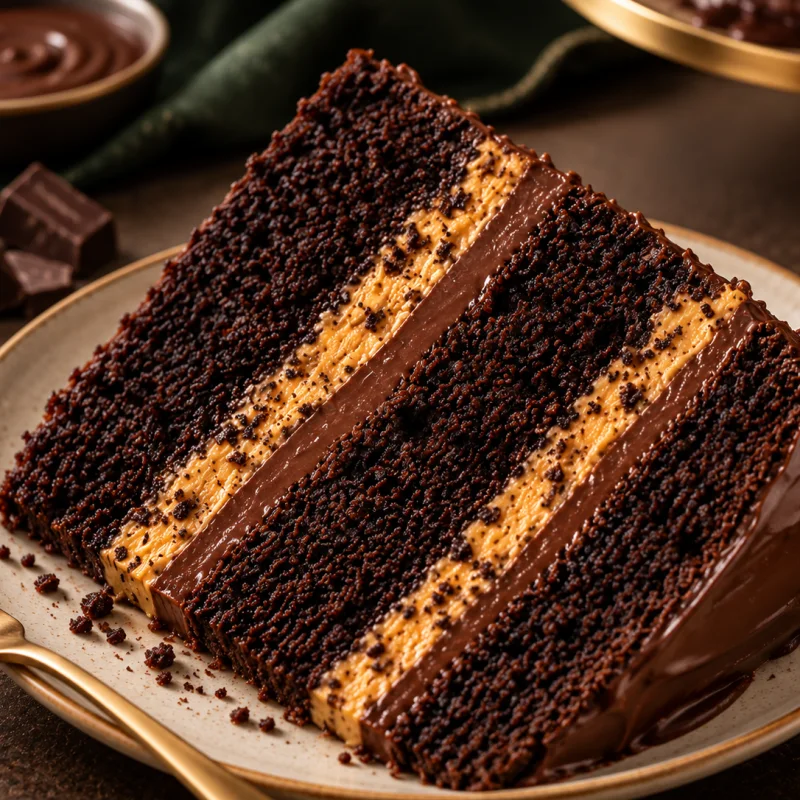 London viral chocolate cake with moist chocolate layers, chocolate cream and golden cookie filling
