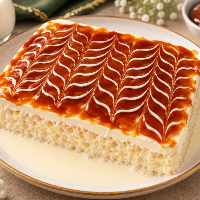 Three milk cake with creamy topping and glossy caramel swirl decoration
