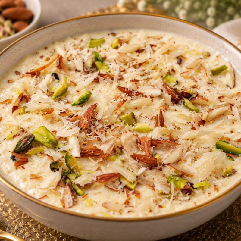 Creamy Indian kheer rice pudding topped with almonds and pistachios
