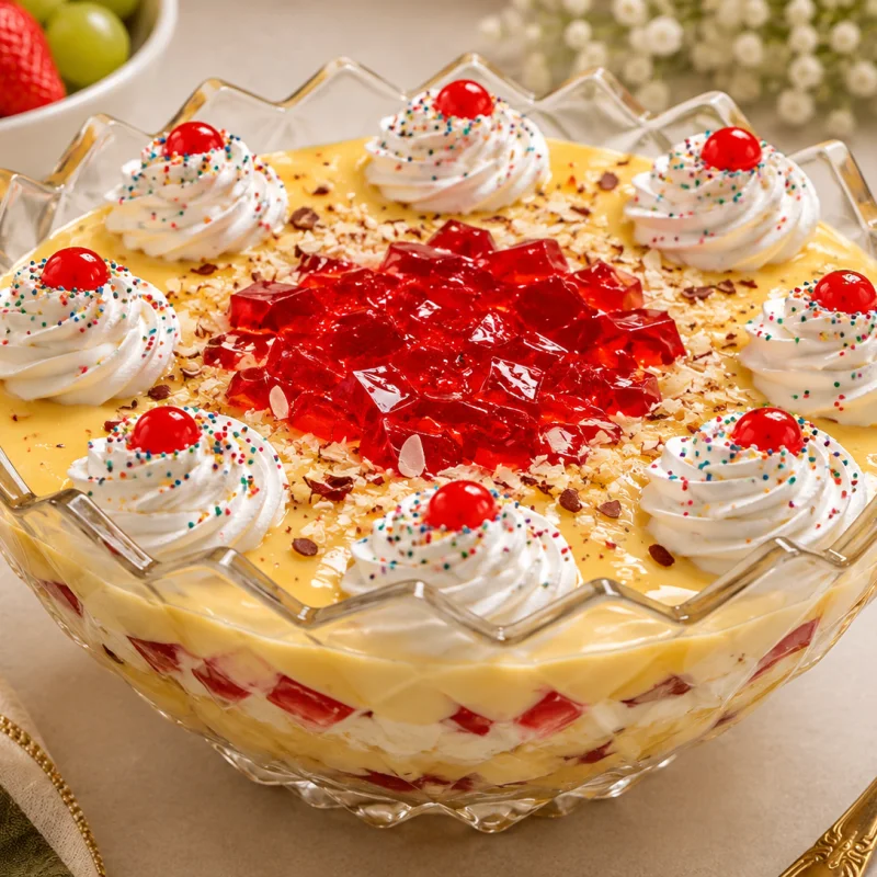 Fruit trifle with creamy custard, red jelly, whipped cream, cherries and colorful sprinkles
