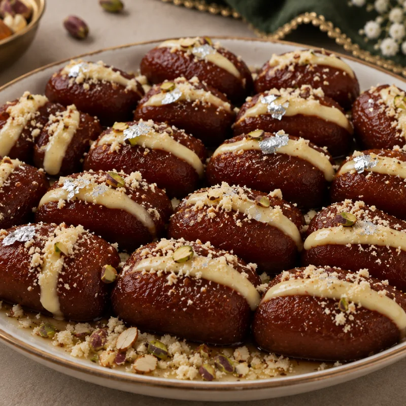 Mawa gulab jamun with creamy mawa drizzle, pistachios, almonds and edible silver leaf