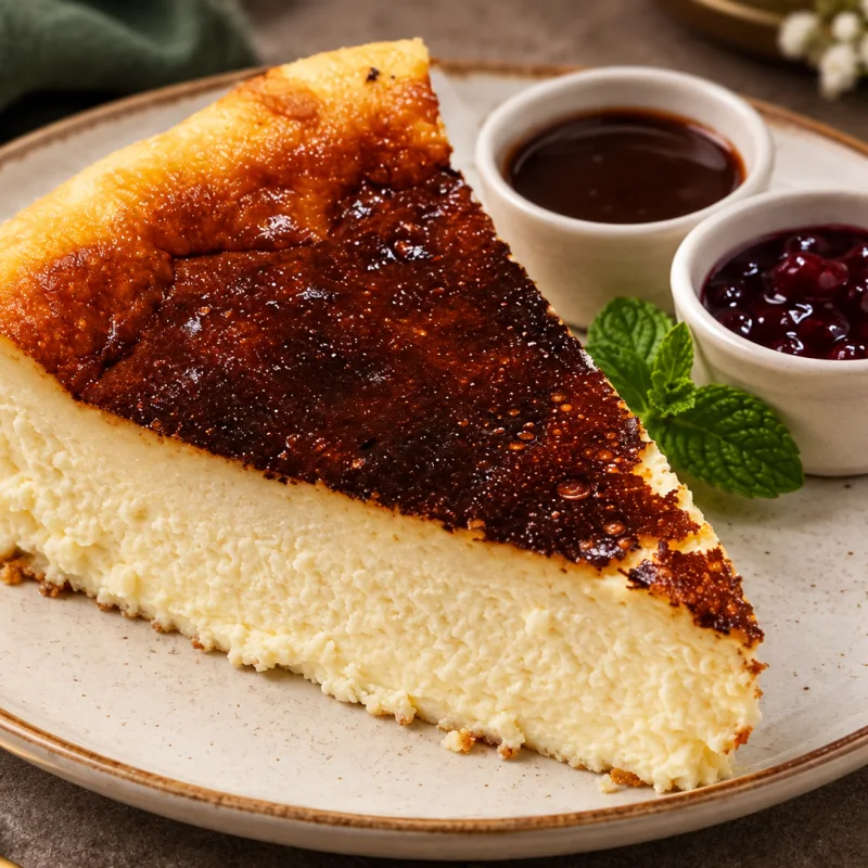 Burnt Basque cheesecake slice with creamy center and deeply caramelized top