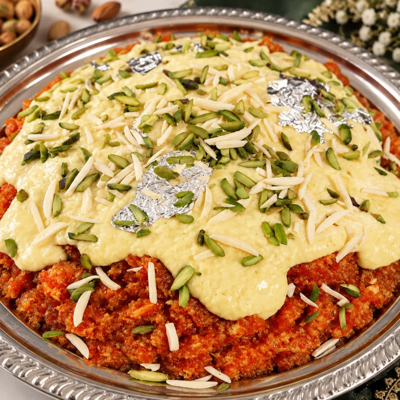 Carrot halwa (gajar halwa) topped with creamy khoya, almonds, pistachios and edible silver leaf