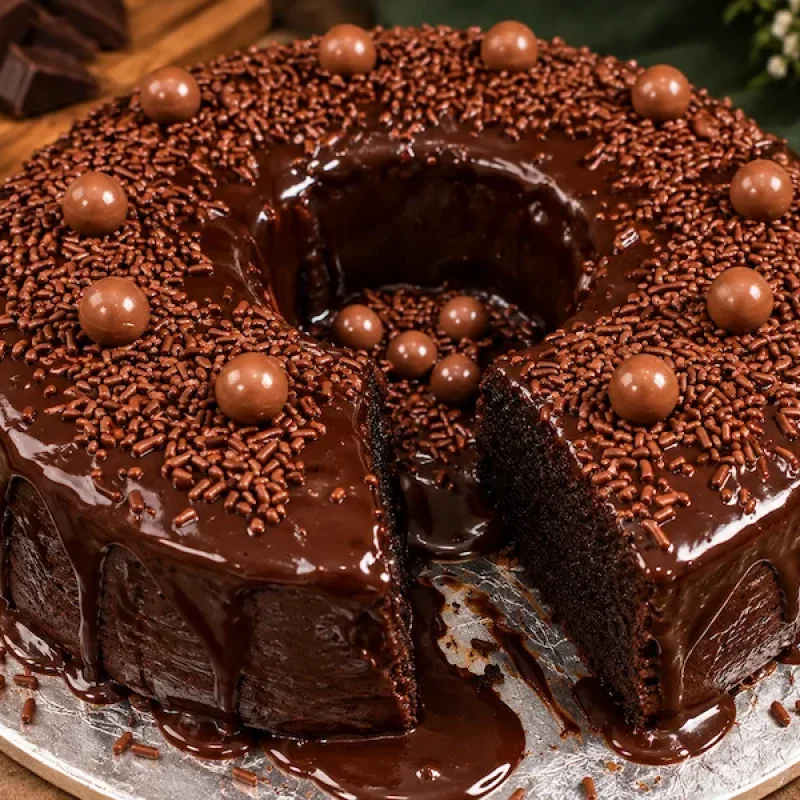 Chocolate cake with glossy chocolate ganache, chocolate sprinkles and chocolate pearls