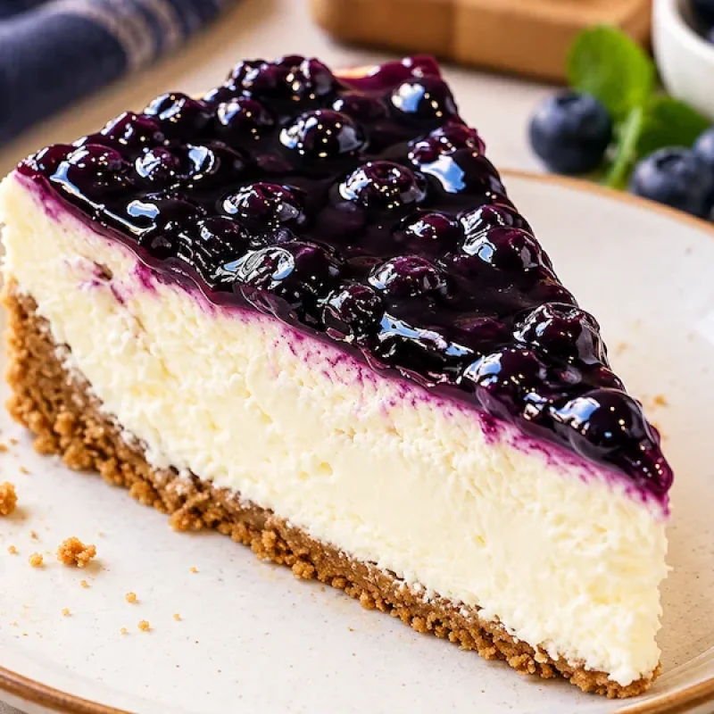 Blueberry cheesecake slice with creamy filling, biscuit crust and glossy blueberry topping