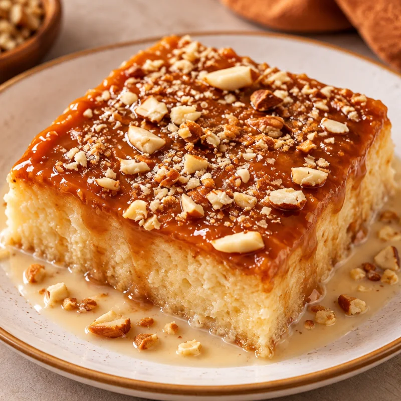Caramel cake topped with glossy caramel sauce and chopped roasted nuts